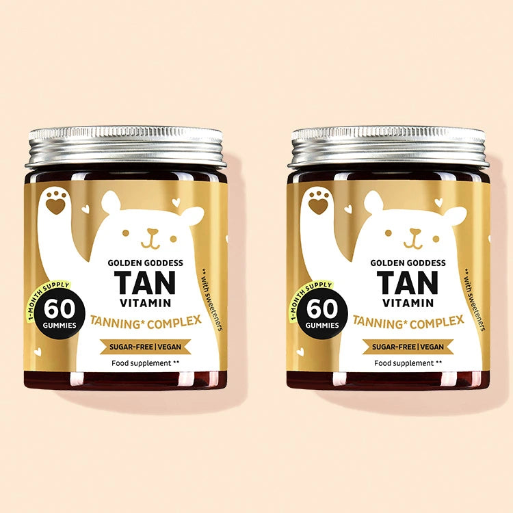 2-month treatment of Golden Goddess Tan vitamins for tanned skin.