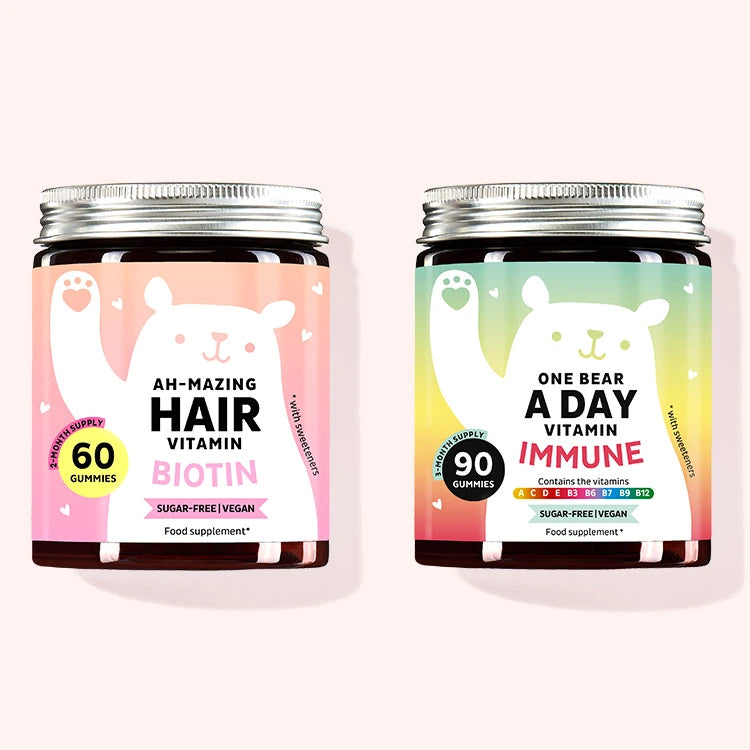 Product images of the 2 different gummy vitamins products included in the Hair and Health duo for the nourishment of the hair and body. With multivitamins A, C, D, E, B3, B6, B7, B9 and B12 and biotin. 