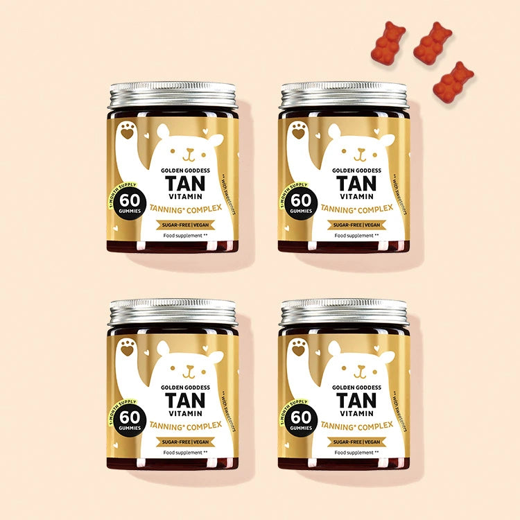 4-month treatment of Golden Goddess Tan vitamins for tanned skin.