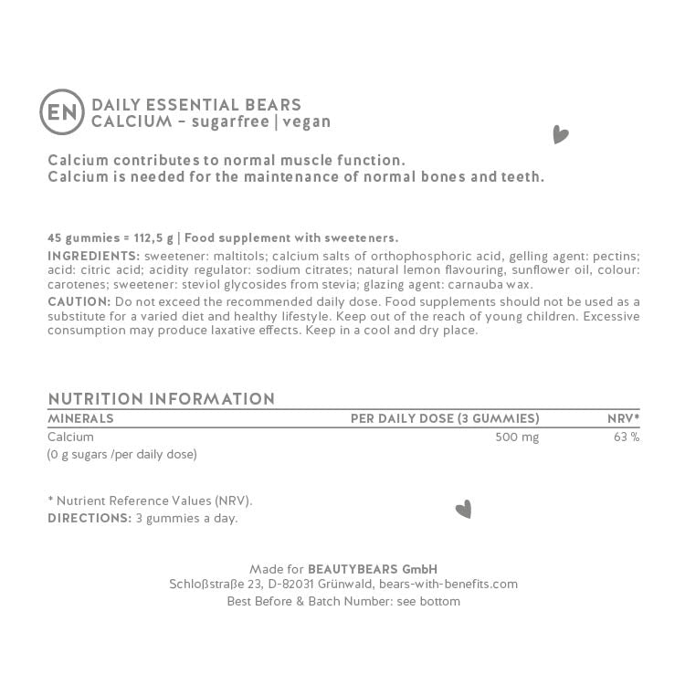 Ingredients list for the Daily Essential Bears - Calcium for muscles & bones.