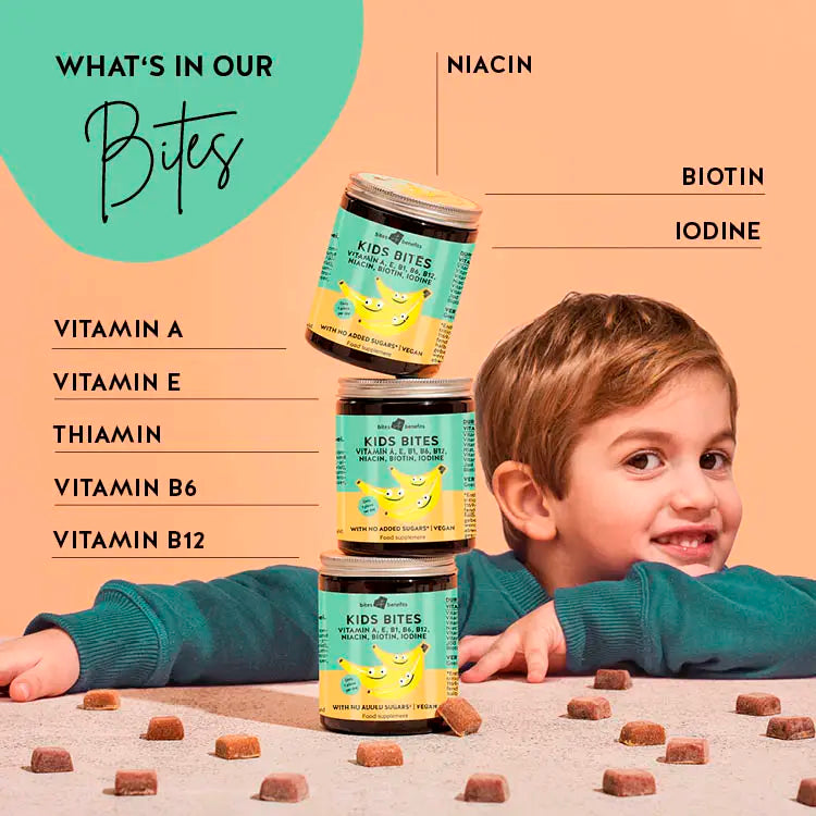 List of ingredients present in the Kids Bites vitamins for the immune system and general wellbeing of children. Includes ingredients such as vitamin A, E, B1,B6, B12, niacin, biotin and iodine