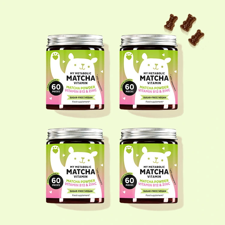 Four boxes in a set of the My Metabolic Matcha product from Bears with Benefits.