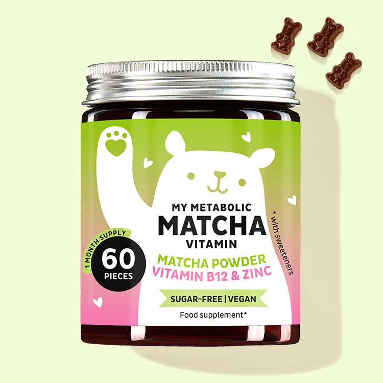 Single jar of the My Metabolic Matcha gummy bear vitamins supplement from Bears with Benefits, with matcha powder, zinc and vitamin B12 for metabolism boost.